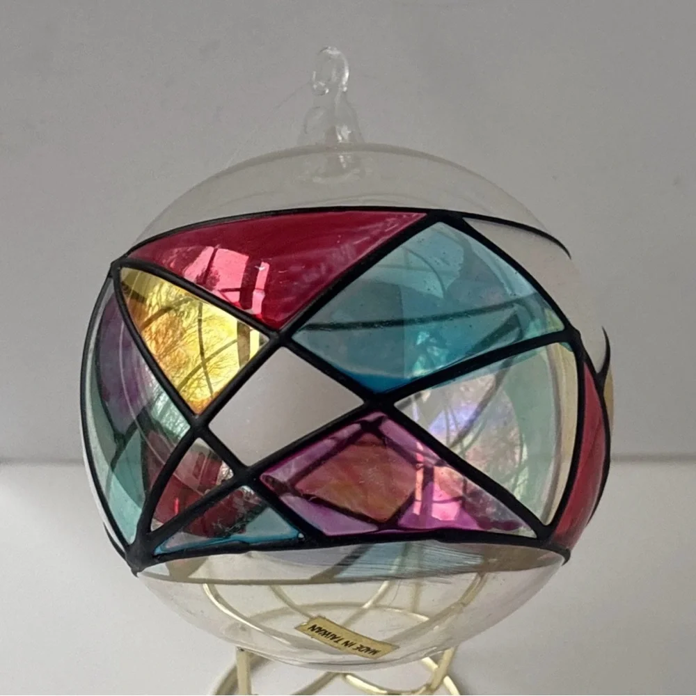 Vintage 70s Hand Painted‎ Stained Glass Ball Ornament Suncatcher Hand blown MCM